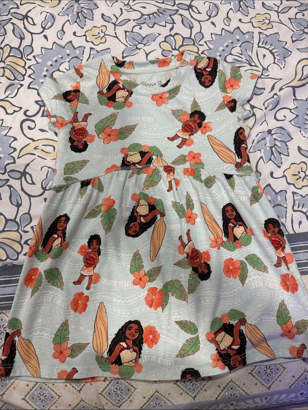 Disney Mint Green Moana Print Short Sleeve Dress with Orange Floral Accents